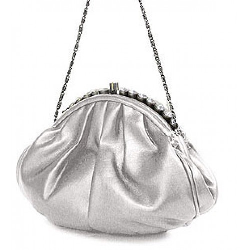 Evening Bag - PU Leather w/ Glass Beads on Top - Silver